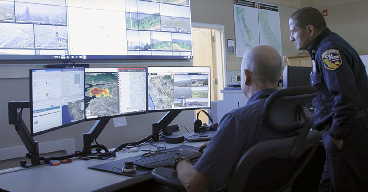 CAL FIRE firefighters monitor ALERTCalifornia cameras and AI for active incidents. The award-winning AI tool helps reduce watch fatigue and improve response times to fires across California. (Credit: CAL FIRE)